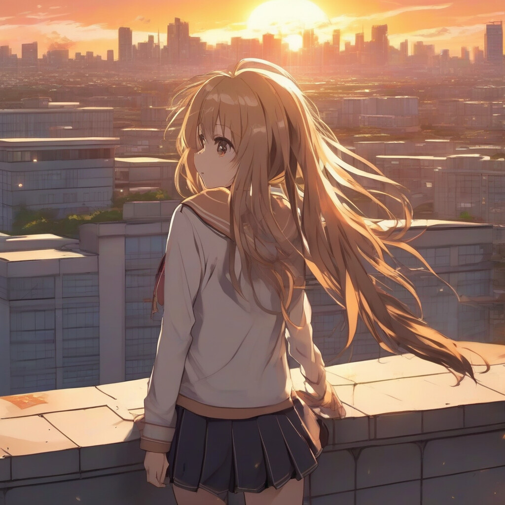 Anime rooftop sunset scene