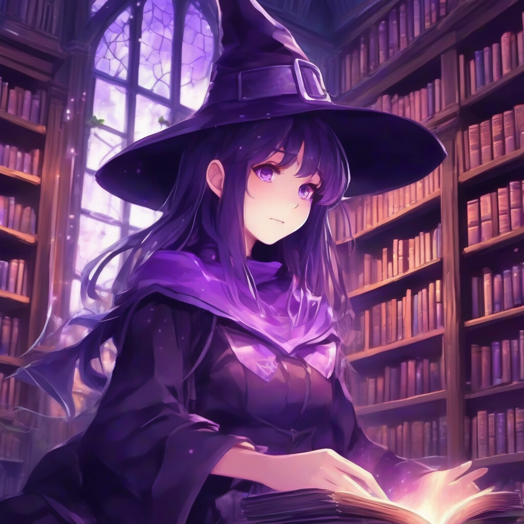 Anime witch in magical library