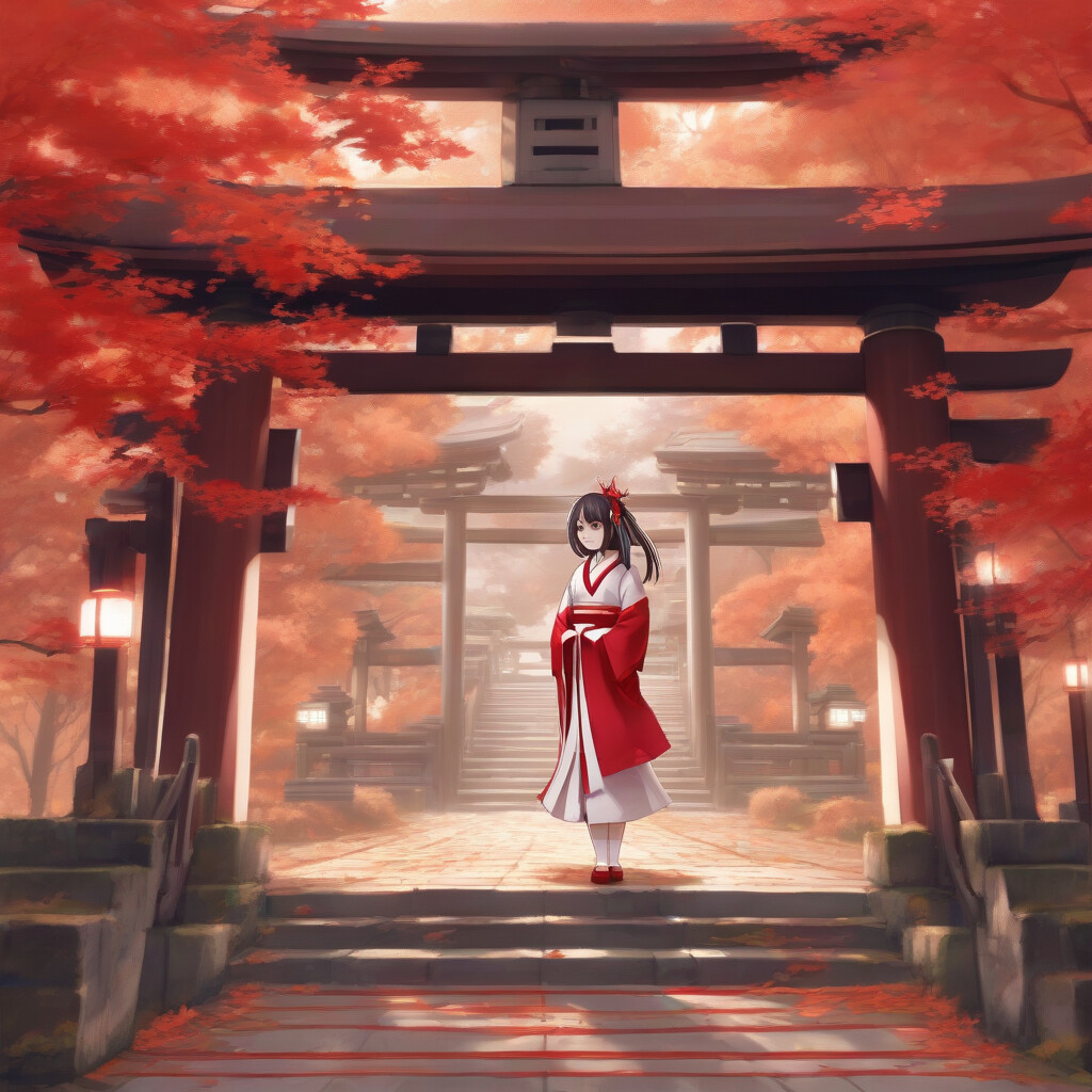 Anime shrine maiden at torii gate