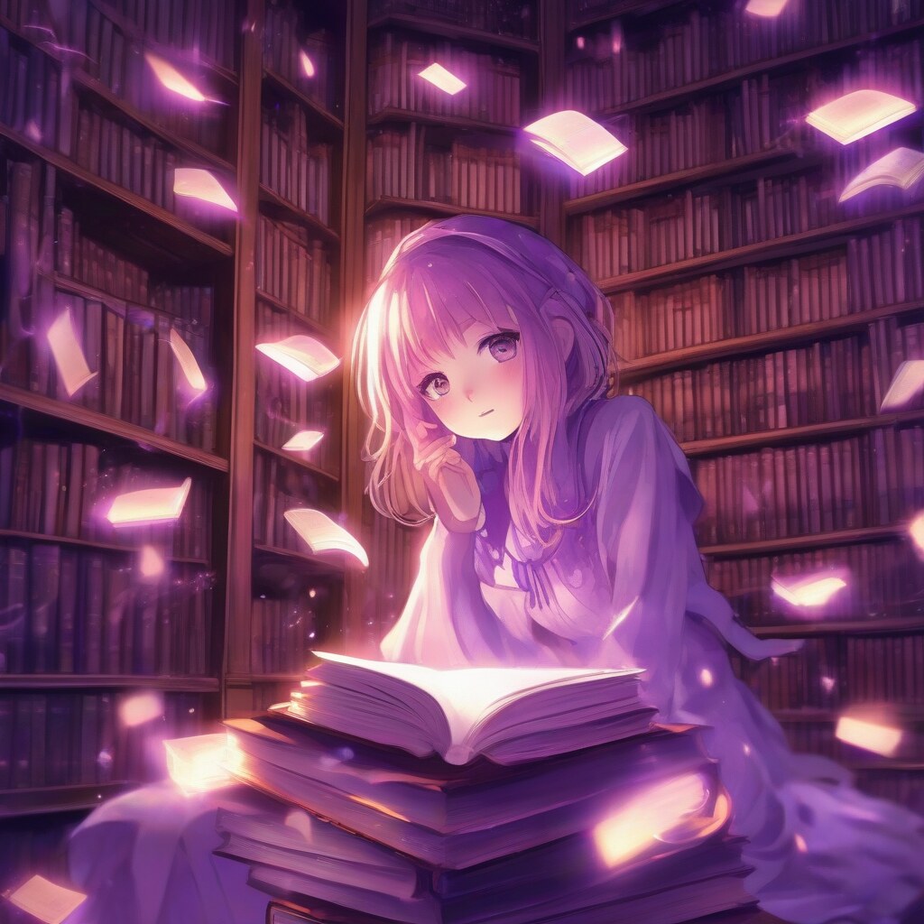 Anime girl in magical floating library