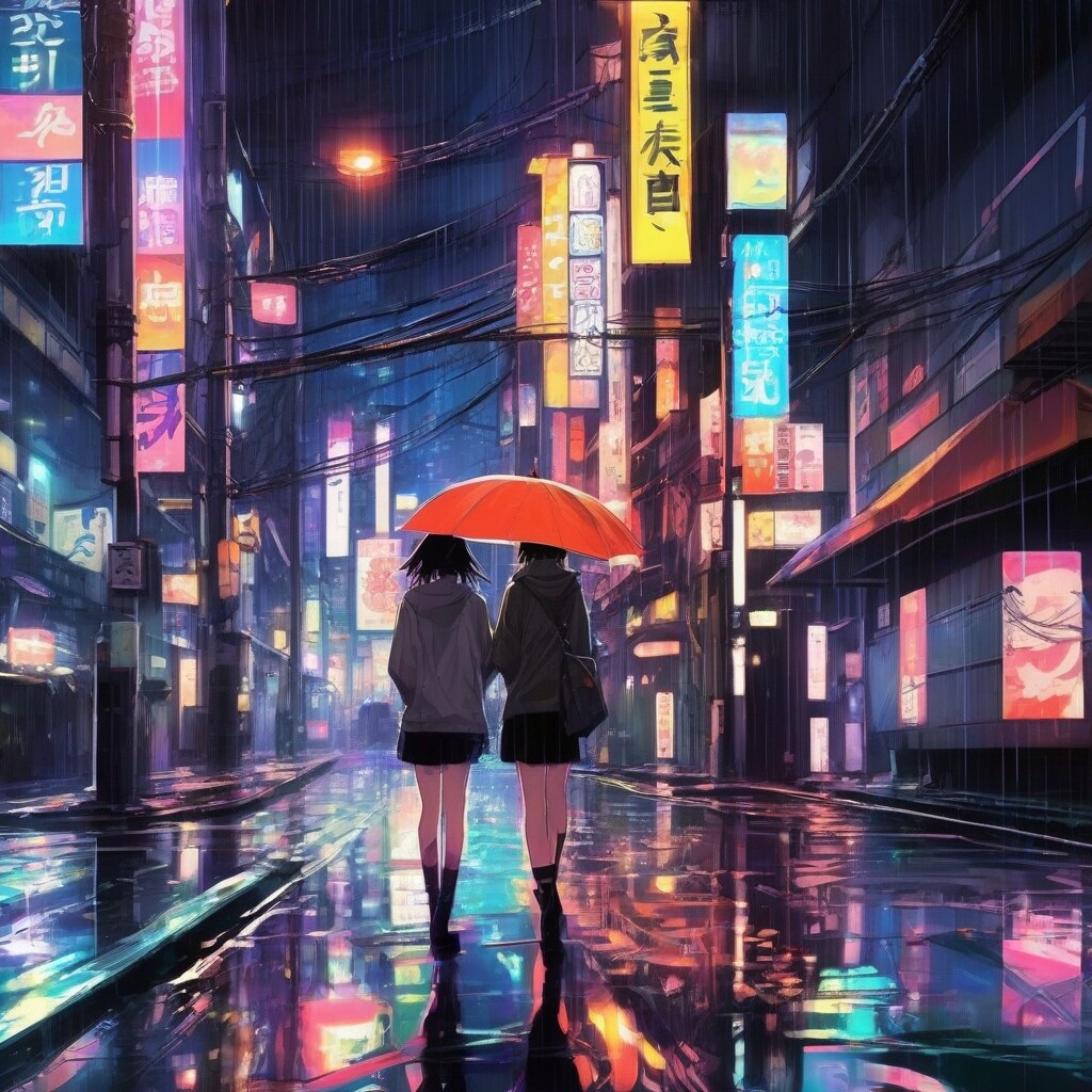 Anime girl in rainy neon Tokyo