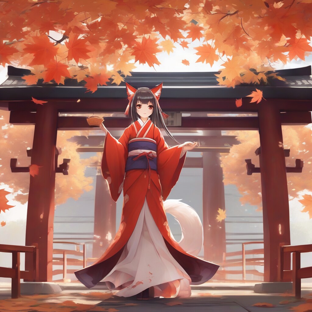 Anime shrine maiden with fox spirits