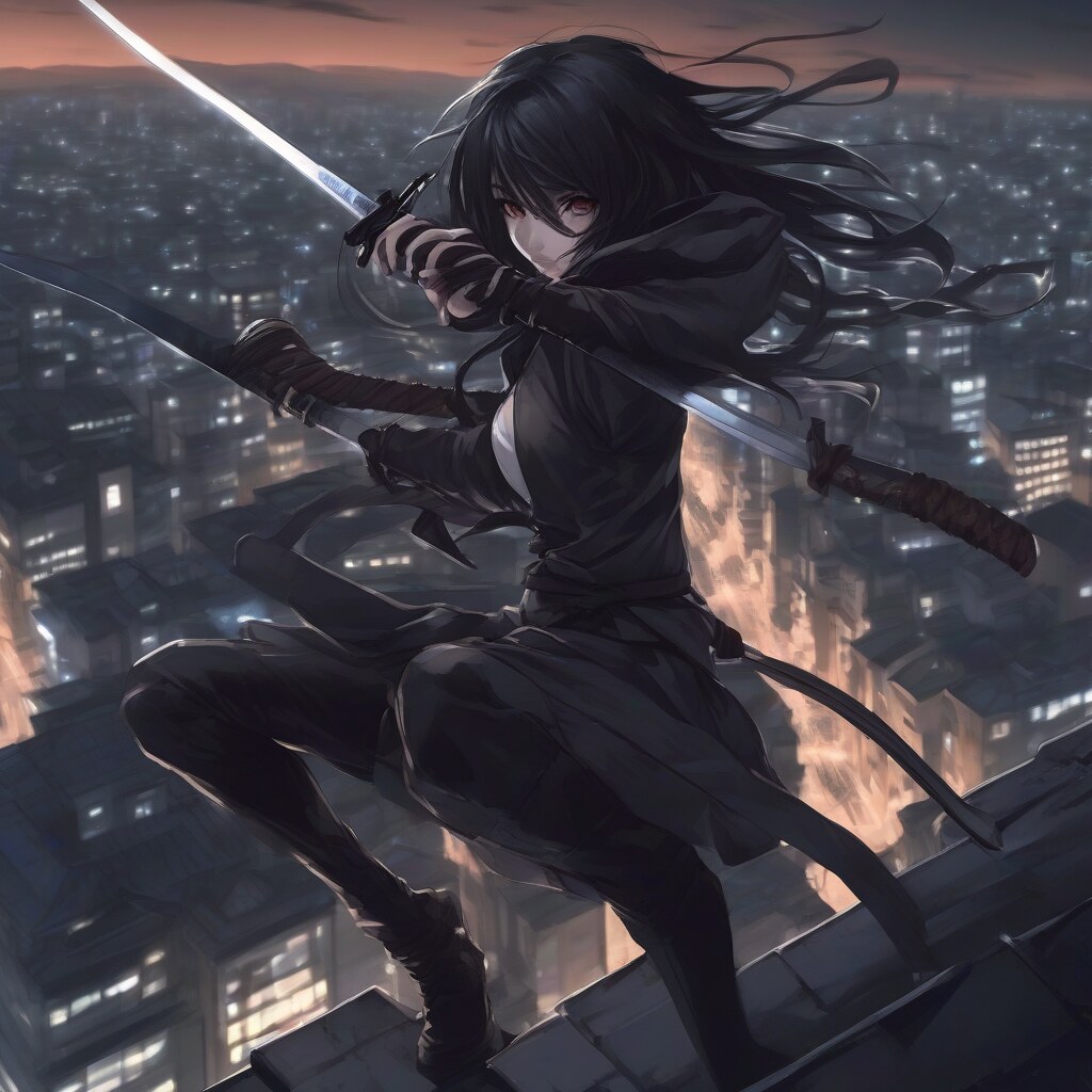 Dark anime assassin on moonlit rooftop