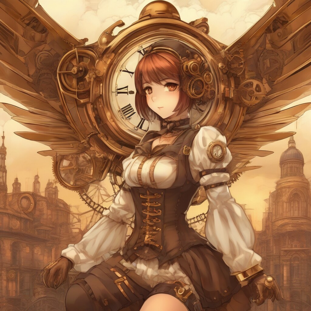 Anime steampunk girl with clockwork wings