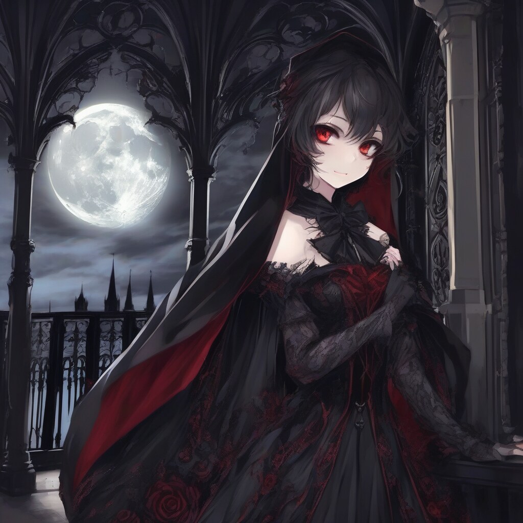 Gothic anime vampire on castle balcony