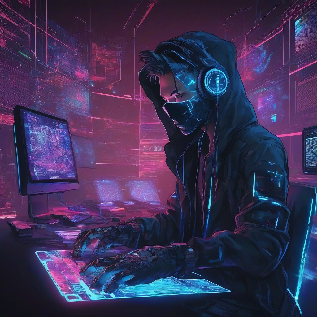 Anime cyberpunk hacker with holo screens