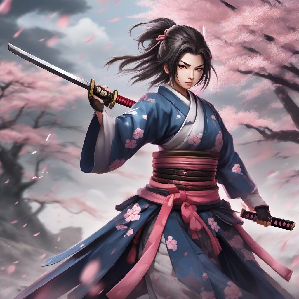 Anime samurai in cherry blossom storm