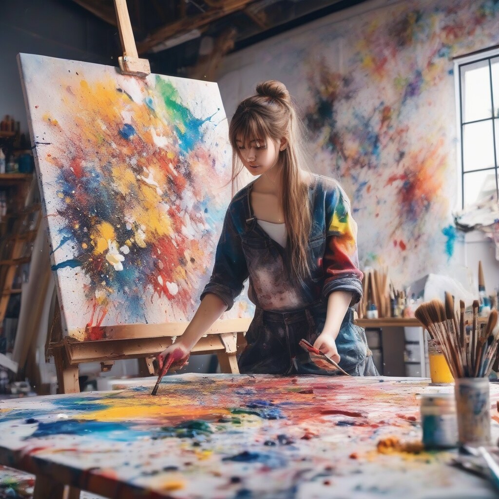Anime artist painting in messy studio