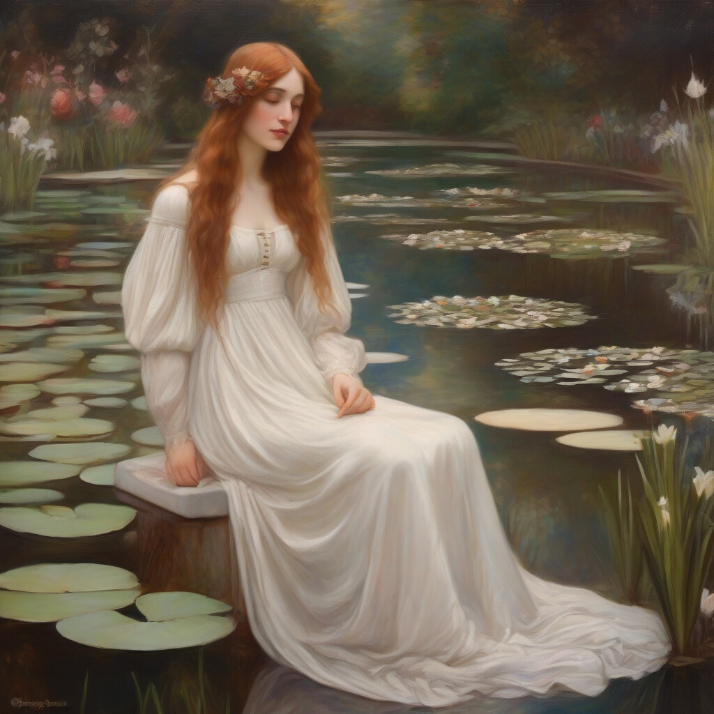 Pre-Raphaelite woman by lily pond