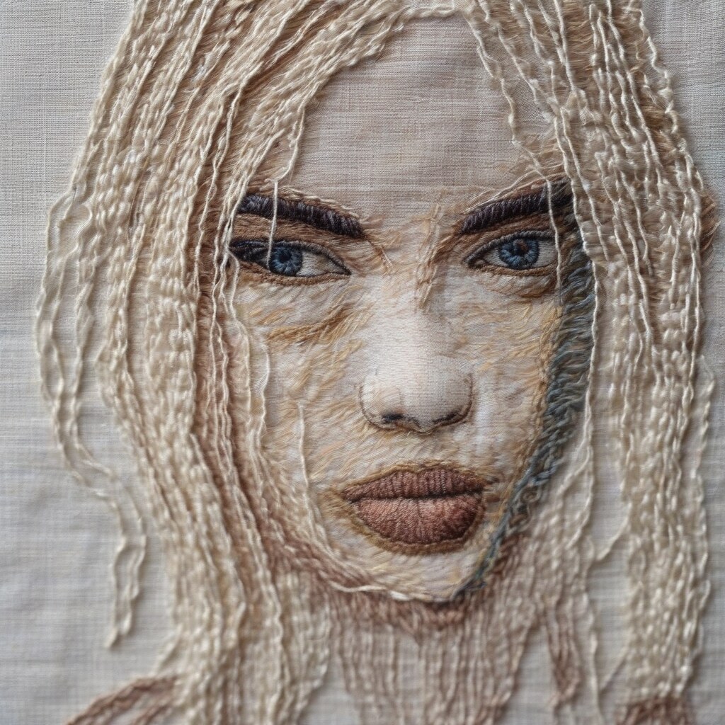 Embroidered textile art portrait