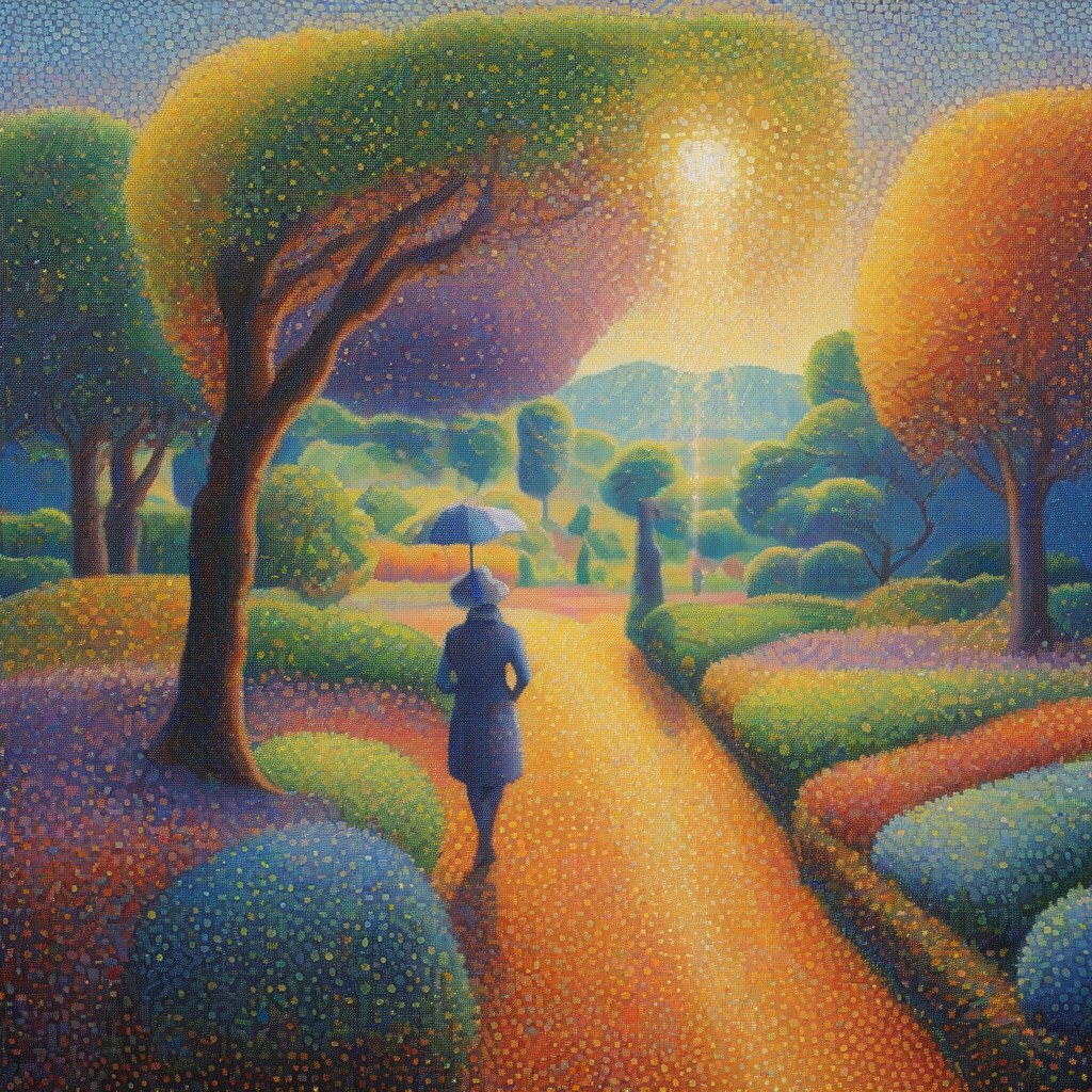 Pointillist landscape with figure