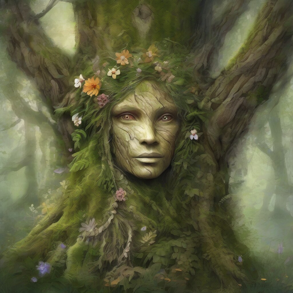 Dryad tree spirit in ancient forest
