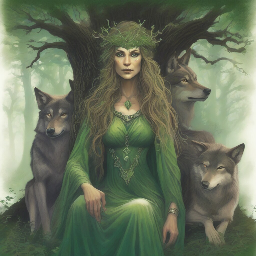 Forest enchantress with wolf companions