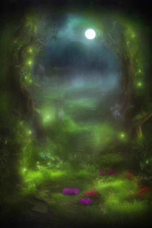 Witch in enchanted moonlit garden