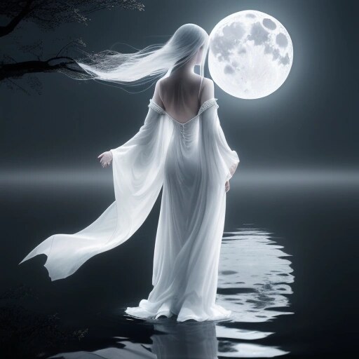 Ethereal figure walking on moonlit water
