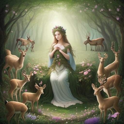 Nature goddess surrounded by forest animals
