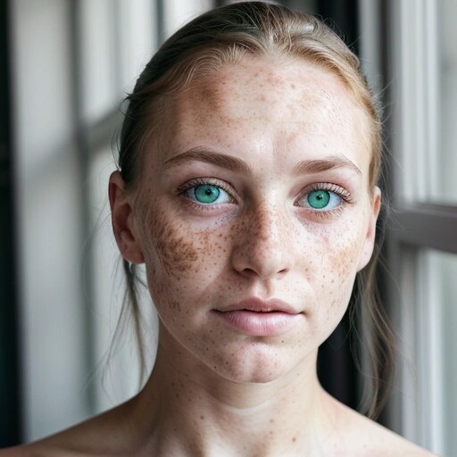 Natural freckled portrait with green eyes