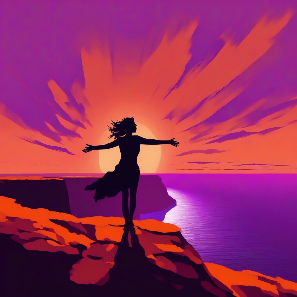 Silhouette against dramatic sunset cliff