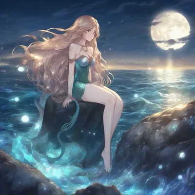Anime mermaid in moonlit ocean