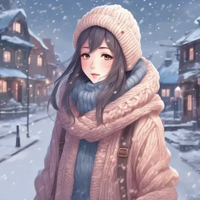 Anime winter girl in snow