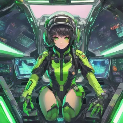 Anime mecha pilot in holographic cockpit