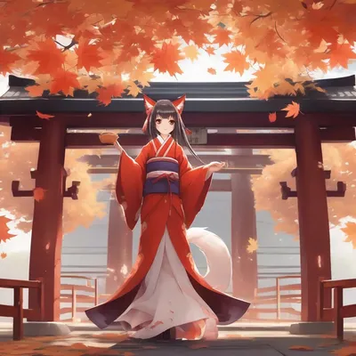 Anime shrine maiden with fox spirits