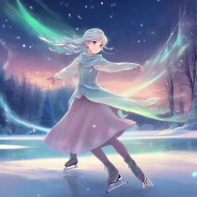 Anime ice skater under aurora borealis