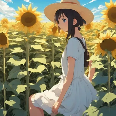 Anime girl in sunflower field, Ghibli style