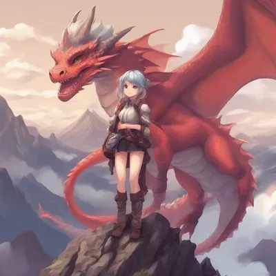 Anime dragon tamer on mountain peak