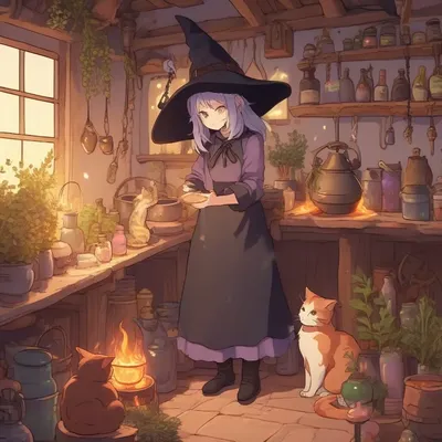 Anime witch brewing potions in cottage