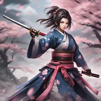 Anime samurai in cherry blossom storm