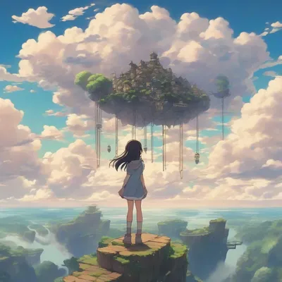 Anime girl on floating sky islands