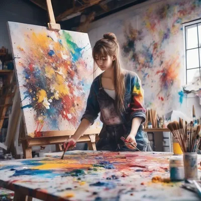 Anime artist painting in messy studio