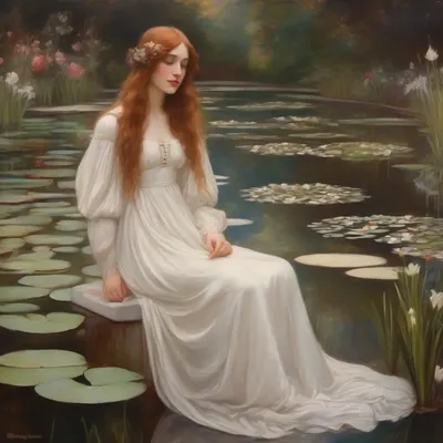 Pre-Raphaelite woman by lily pond