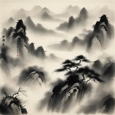 Chinese ink wash painting, sumi-e style