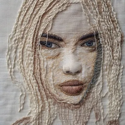 Embroidered textile art portrait