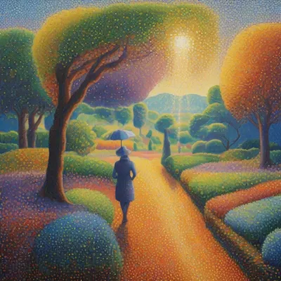 Pointillist landscape with figure