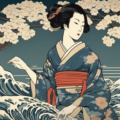 Ukiyo-e style portrait, woodblock aesthetic