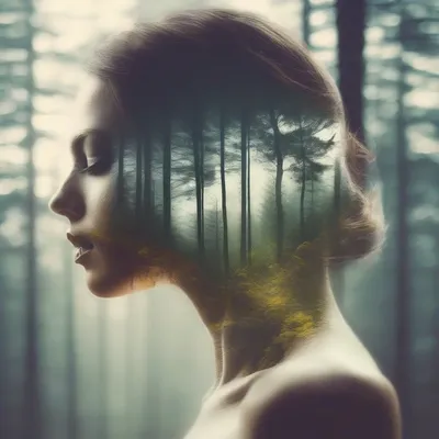 Double exposure portrait merged with forest