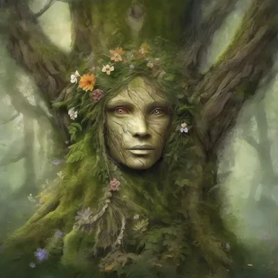 Dryad tree spirit in ancient forest