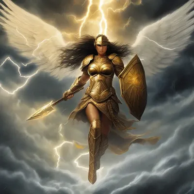 Valkyrie descending from storm clouds