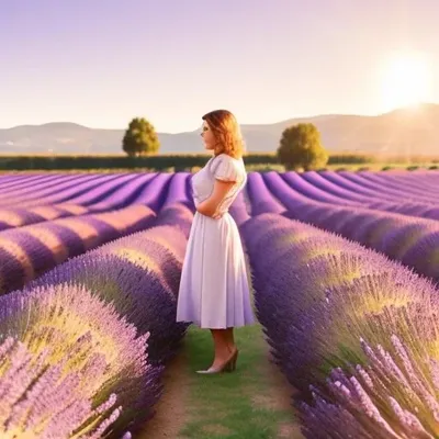 Lavender field portrait at golden hour