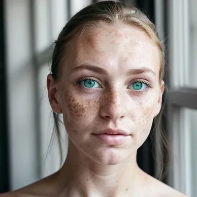 Natural freckled portrait with green eyes