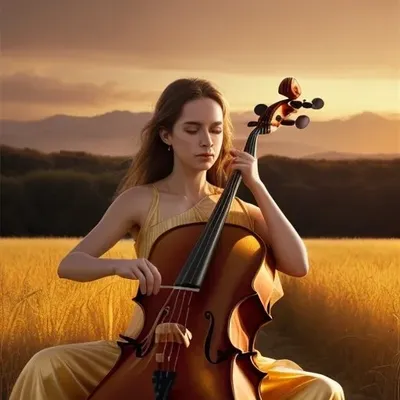 Cellist playing in golden sunset field