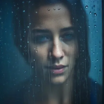Moody portrait through rainy window